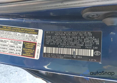 2010 Toyota Camry Le z USA, uszkodzony, nr VIN 4T4BF3EK6AR005699